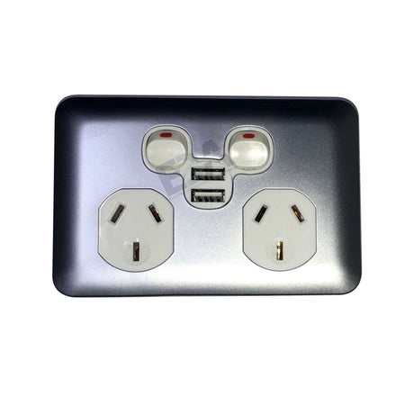 TWIN USB Slimline Power Point SILVER DGPO Fast Charge Wafer Slim Socket Outlet