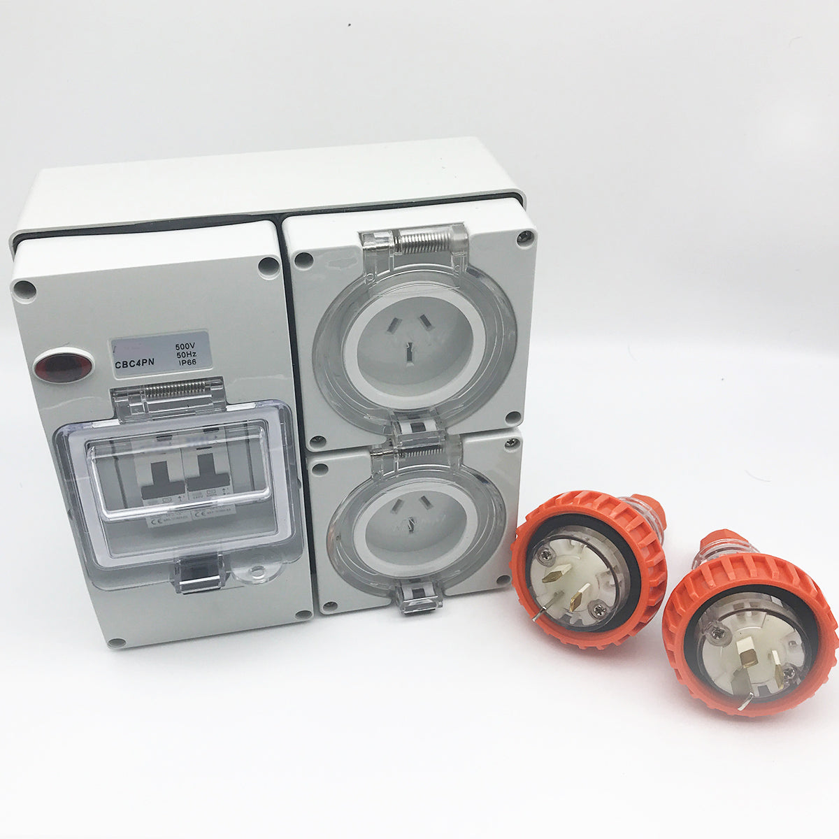 3 pin 2 x 15 Amp RCD Protected Outlet with Male Plug IP66 Outlet Industrial