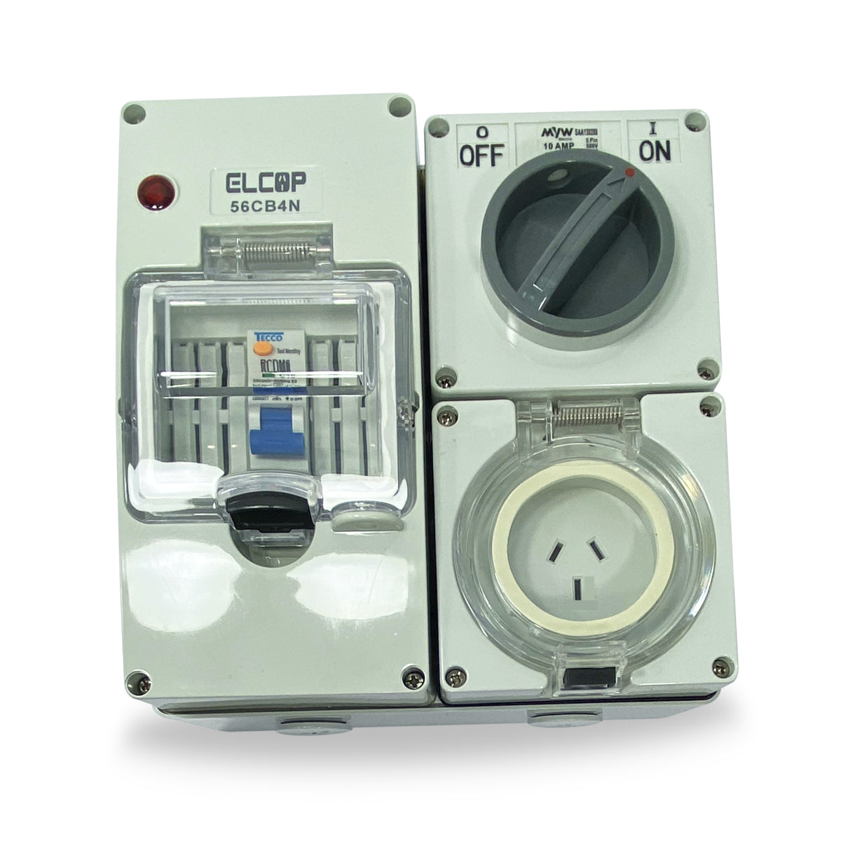 3 pin 10 Amp Switched Socket RCBO Protected Outlet 4 Pole Switchboard IP66 RCD