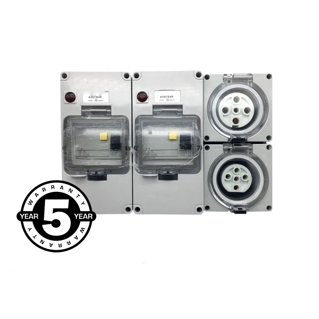 RCD Protected Outlet 2x 5Pin=1x 20 + 1x 32 Amp Three Phase IP66 Socket Only rcbo