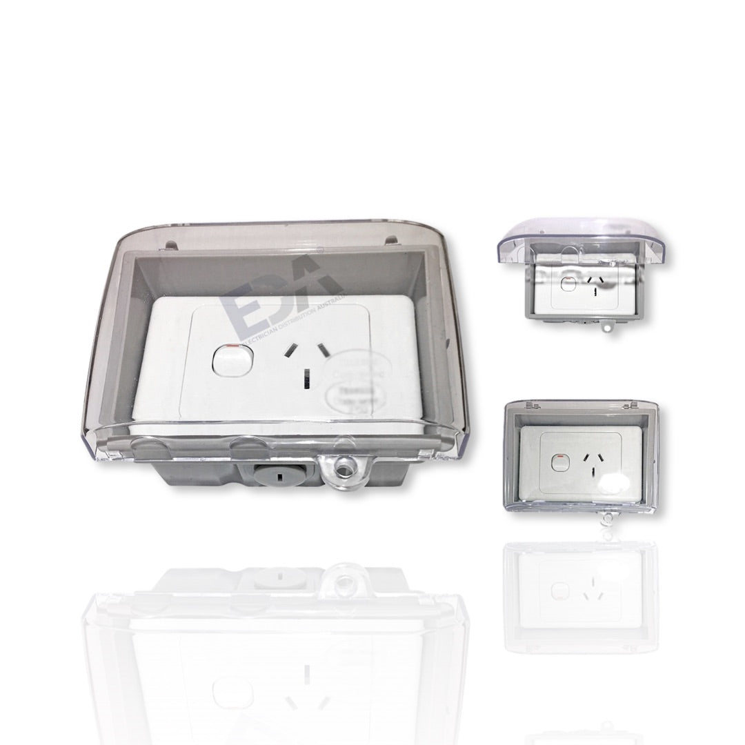 Weather proof Single Power Point + Weatherproof Box Enclosure Lock Clear Lid GPO