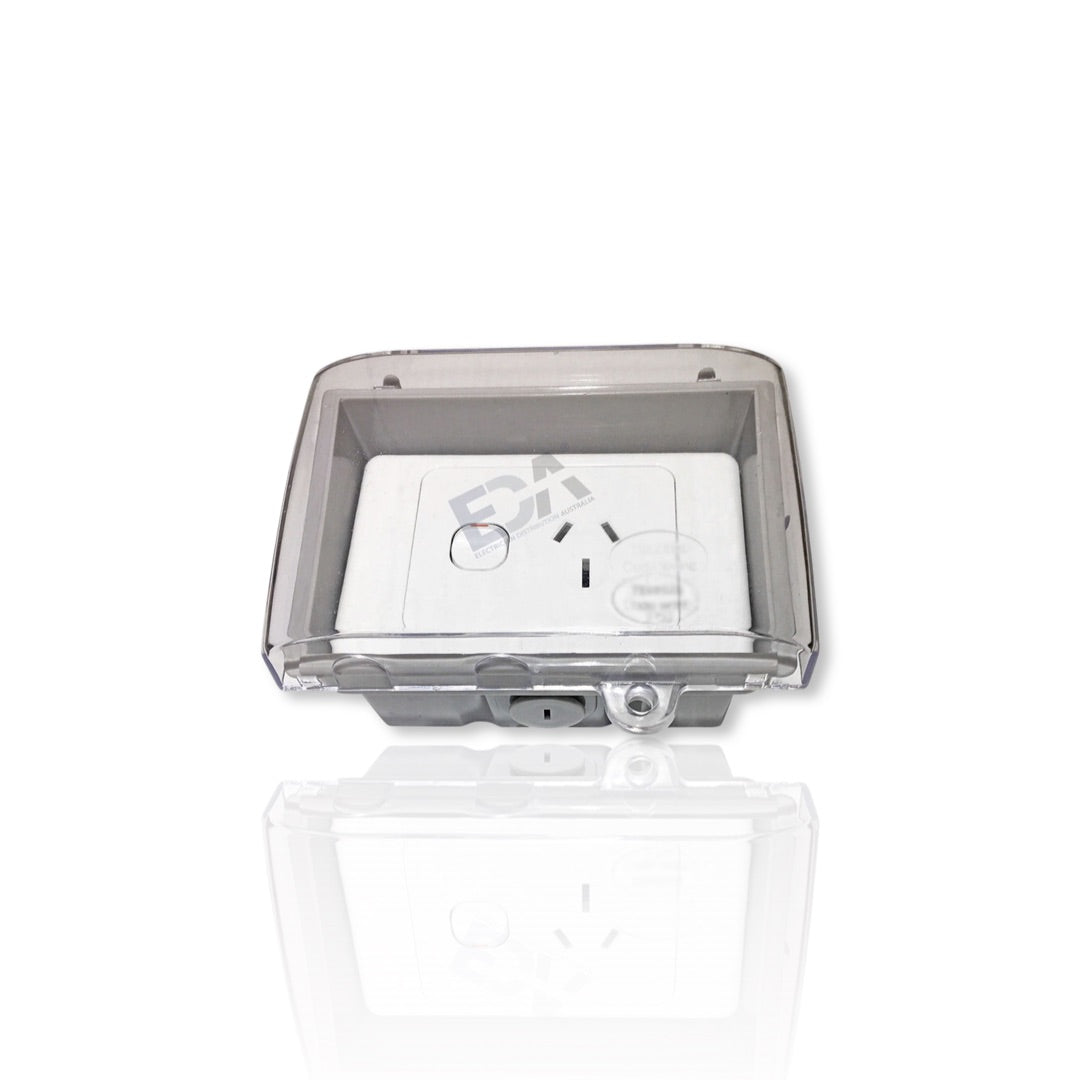 Weather proof Single Power Point + Weatherproof Box Enclosure Lock Clear Lid GPO