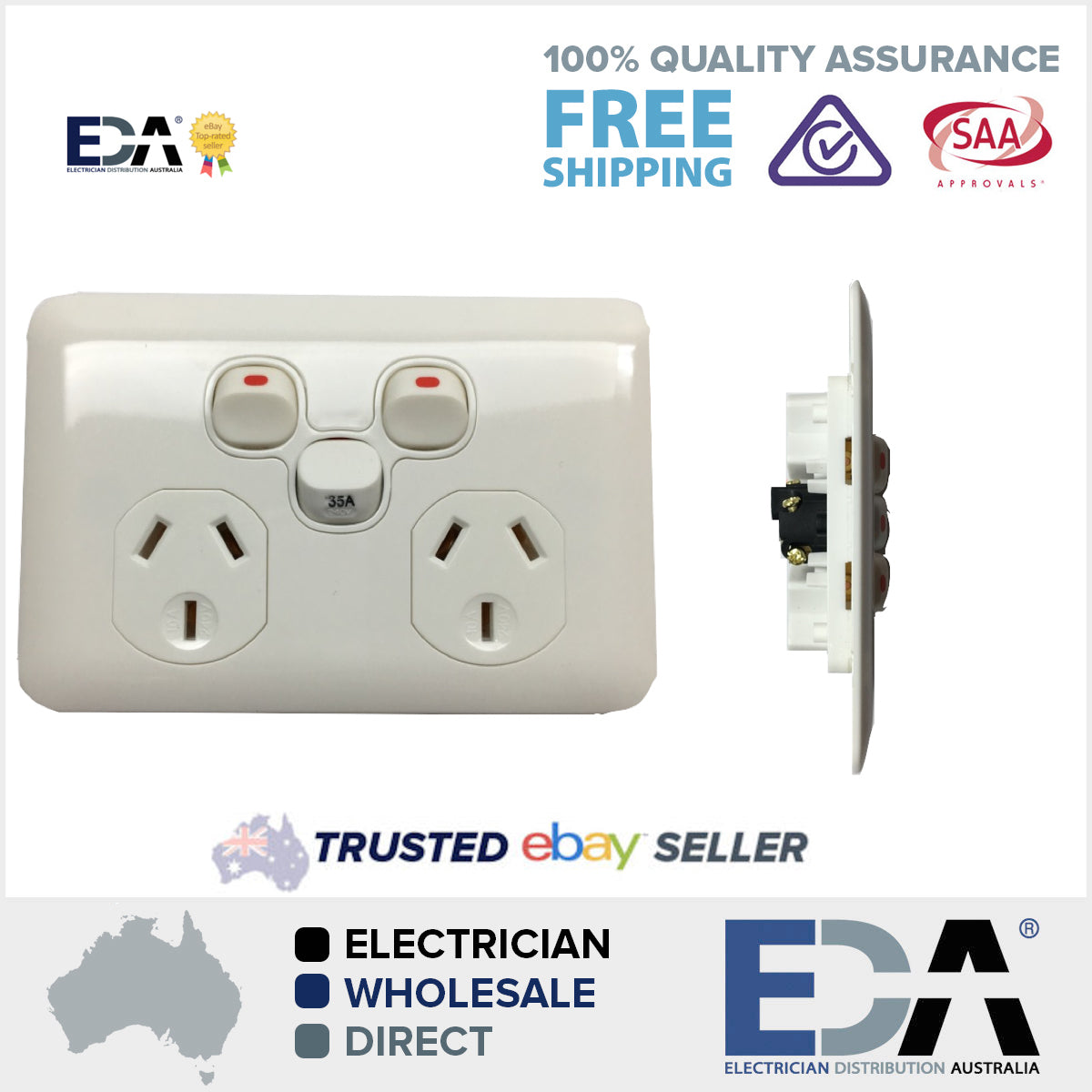 Slimline Wafer 35 Amp Double Power Point Extra Switch Outlet Socket DGPO Slim Line